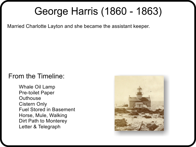 George Harris (1860 - 1863) Married Charlotte Layton and she became the assistant keeper.